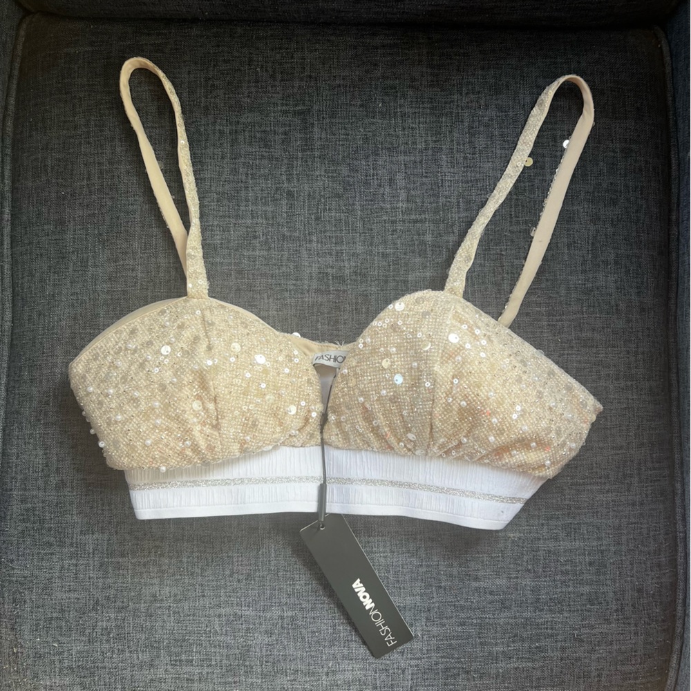 Fashion Nova Glittering Champagne and White Bra Top.  Sequined. NWT.  Small.